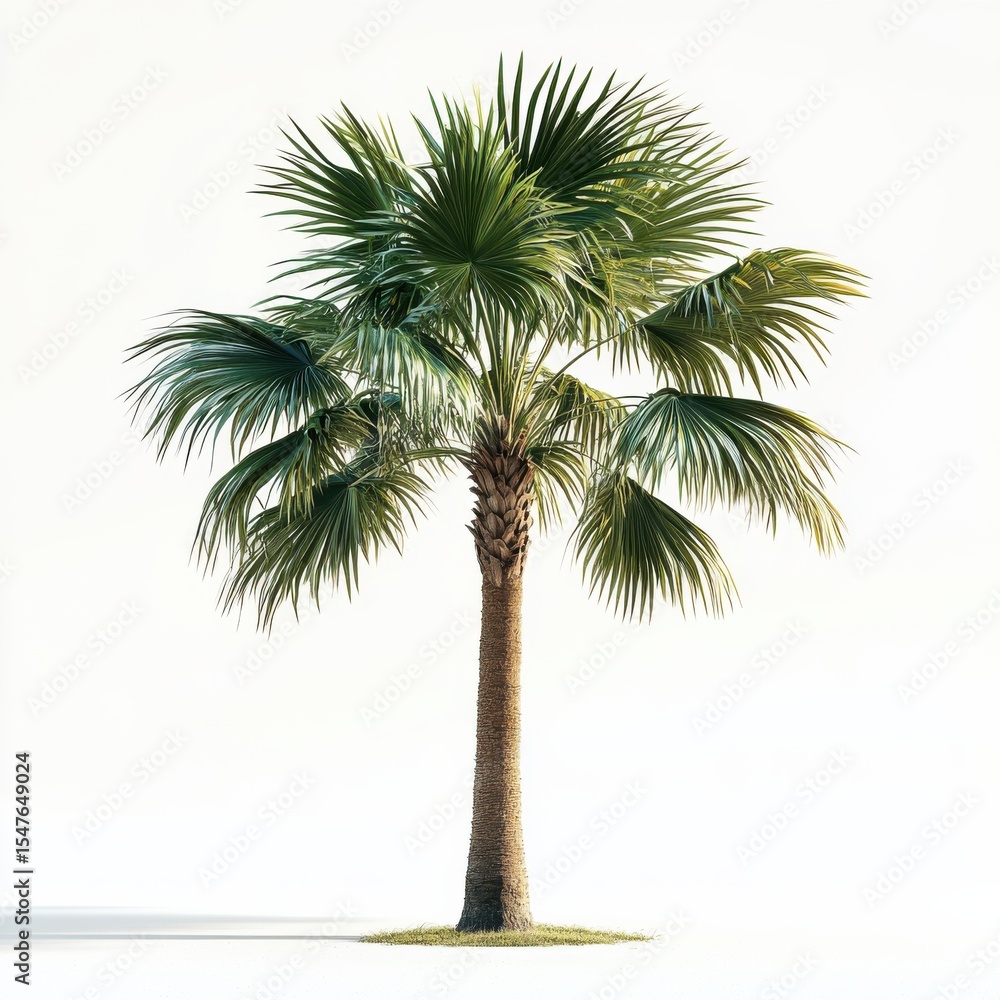 Fototapeta premium Slender Trunk Palm Tree with Large Fan-Like Leaves Against White Background