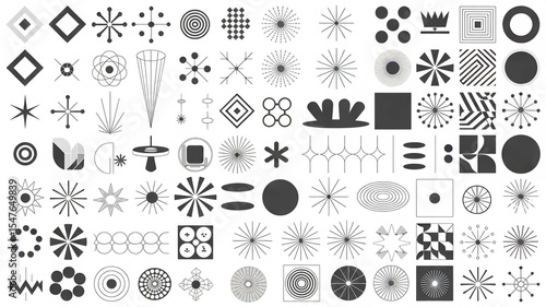 A collection of mid-century modern design elements and decorative patterns in black and white