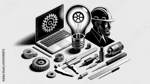 A black and white technical illustration set arranged in a collage style