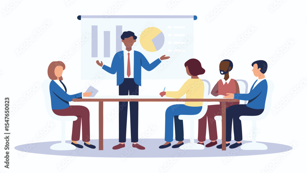 Man presenting charts and pie graph to a group of diverse colleagues seated at a conference table top Man presenting charts and pie graph to a group of diverse colleagues seated at a conference table top
