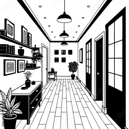Hallway interior with furniture plants and lighting in black and white
