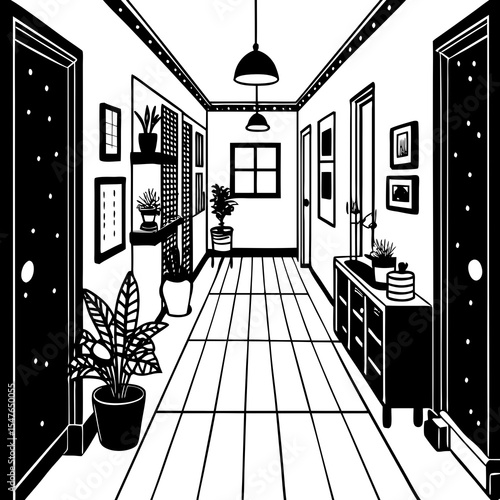 Hallway interior with furniture plants and lighting in black and white