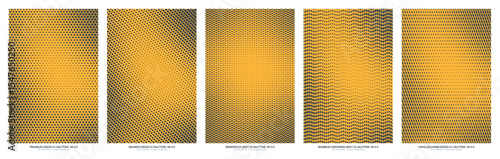 Assorted vector black yellow halftone textures set in vertical 2:3 aspect ratio including zigzag triangle, square, parallelogram and wavy semicircles and checkered rhombus grids. Half tone design
