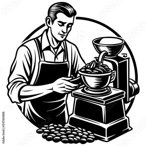 Man grinding coffee beans with a vintage grinder isolated on white