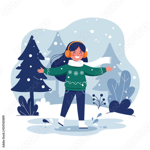 Vector illustration of happy girls welcoming the snow season