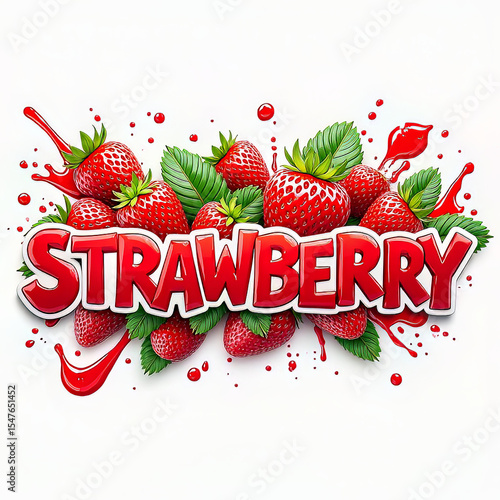 A vibrant image featuring a cluster of ripe strawberries surrounded by splashes of juice, with the word Strawberry prominently displayed in bold, glossy lettering.

