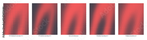 Assorted vector red black halftone patterns smooth dynamic textures set in vertical 4:5 aspect ratio including semicircle, inverted dots, scale, checkered squares and rhombus grids. Half tone designs