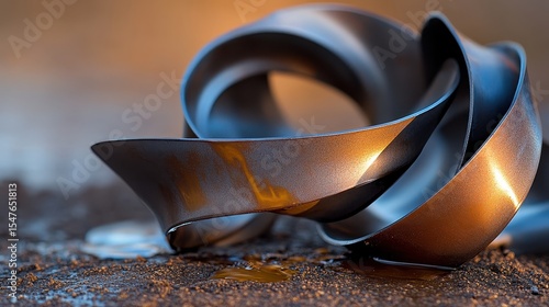 Abstract Curved Metal Ribbon on Textured Surface with Warm Lighting