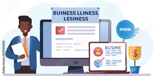 Illustration of a businessman standing next to a computer and laptop displaying business information