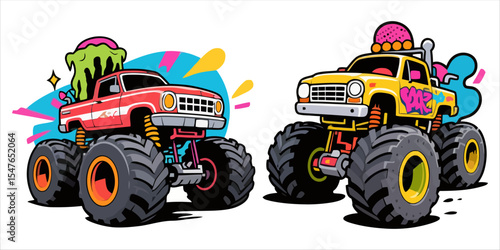 Retro Vintage Monster Truck Retro Vector Illustration Set