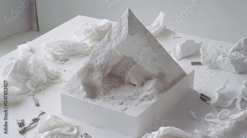 Abstract Pyramid Structure Made from White Flourish on White Surface