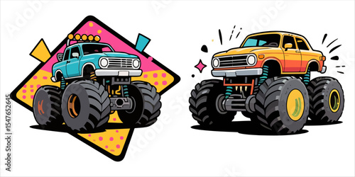 Cute Monster Truck Retro Vector Illustration Set