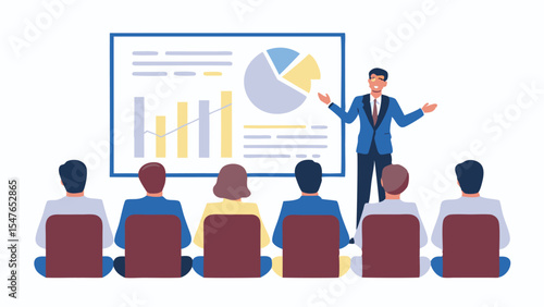 Man presenting charts and graphs to an audience in a conference room with chairs and a projector screen