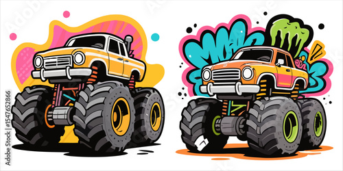 Cute Monster Car Retro Vector Illustration Set