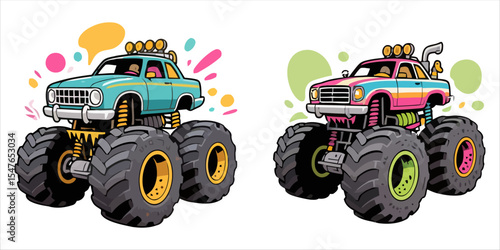 Cute Monster Car Retro Vector Illustration Set
