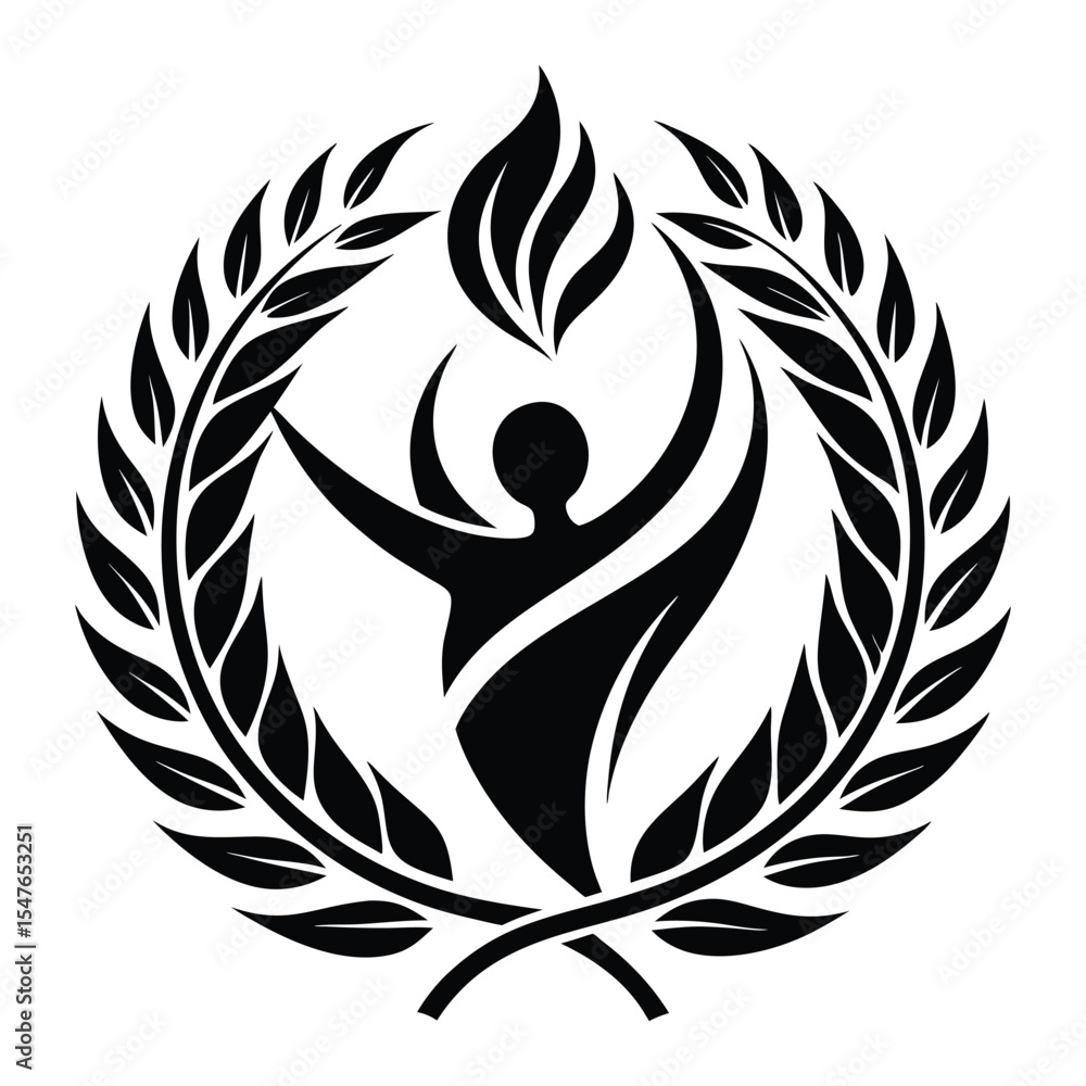Obraz premium Black and White Stylized Flame Logo with Laurel Wreath