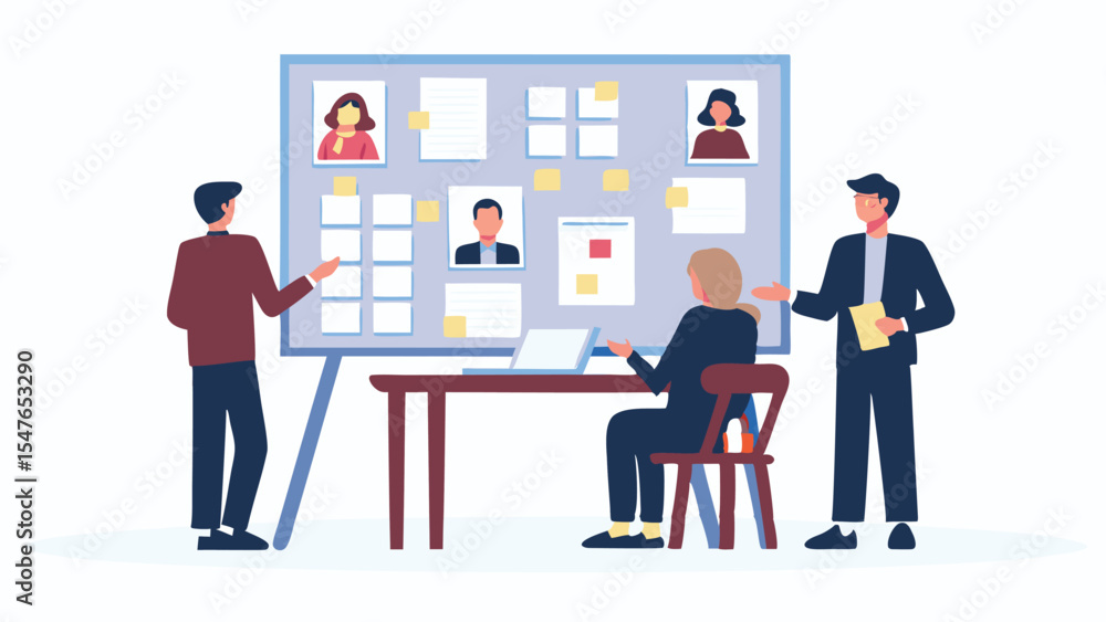 Obraz premium Three people collaborating around a board with pictures and notes in a business environment setting