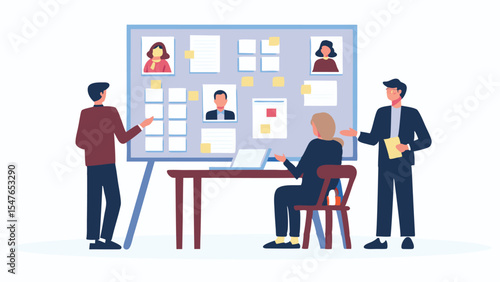 Three people collaborating around a board with pictures and notes in a business environment setting