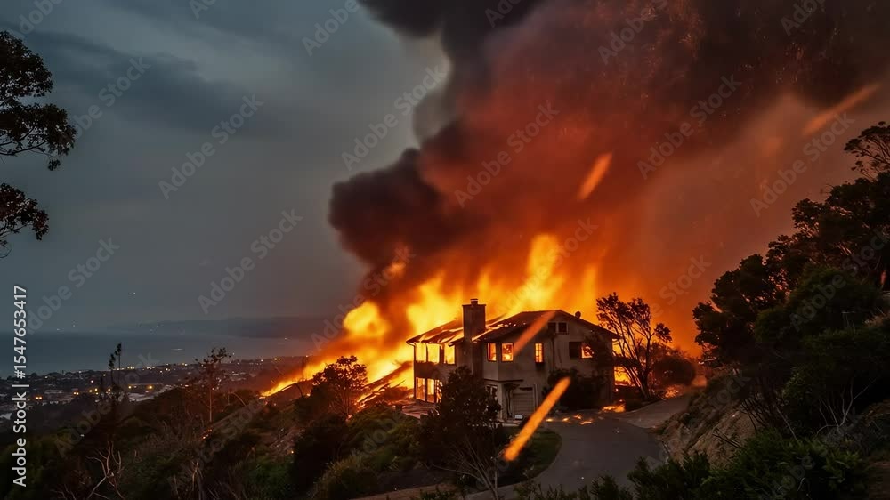 Dramatic Wildfire Igniting Along Coastal Area, Threatening Property and Nature, Showcasing Fiery Flames, Thick Smoke, and Deteriorating Sky Conditions Dramatic Wildfire Igniting Along Coastal Area, Threatening Property and Nature, Showcasing Fiery Flames, Thick Smoke, and Deteriorating Sky Conditions