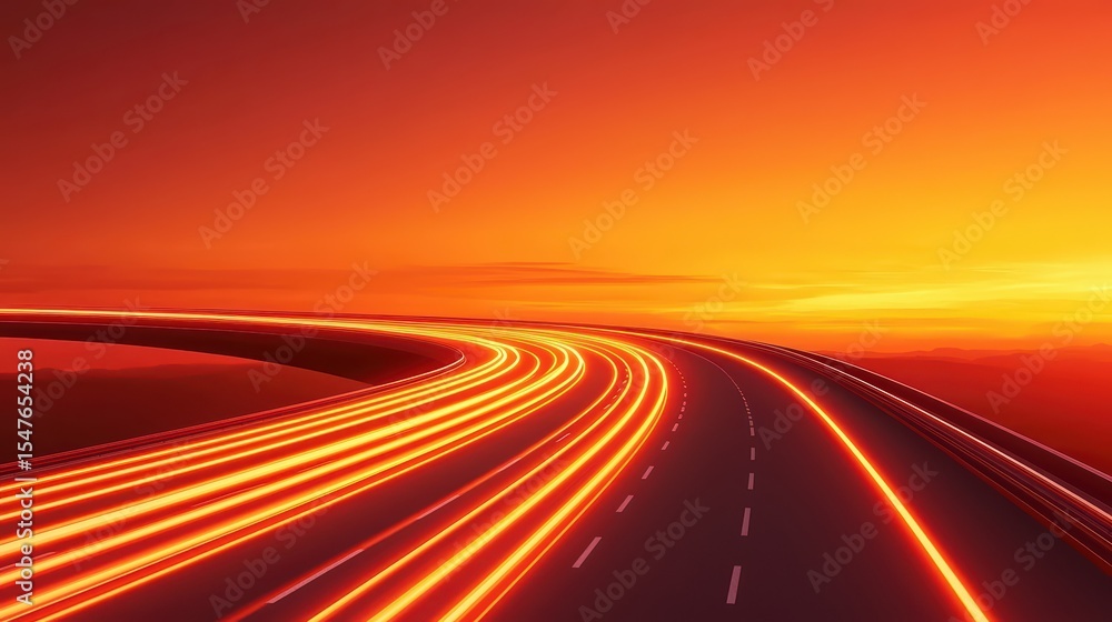 Vibrant Sunset Over a Futuristic Road with Flowing Light Trails and Beautiful Orange Sky Vibrant Sunset Over a Futuristic Road with Flowing Light Trails and Beautiful Orange Sky