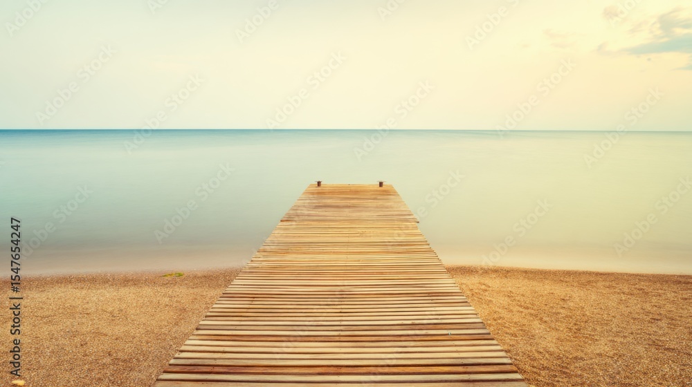 Fototapeta premium Tranquil wooden pier extending from pebbled-sandy beach into calm serene sea with soft light blue water, muted horizon, pale sky, wispy clouds, and peaceful atmosphere.