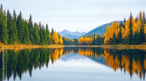 Tranquil Autumn Landscape with Colorful Trees Reflected in Serene Lake and Majestic Mountains in Background