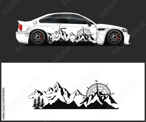 Modern white sports car adorned with a black mountain and compass graphic decal design