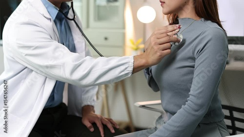 Doctor examining patient's chest with stethoscope in medical office.