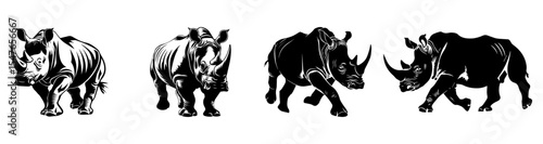 set of rhinoceros vector illustrations, walking rhino african wildlife and endangered species
