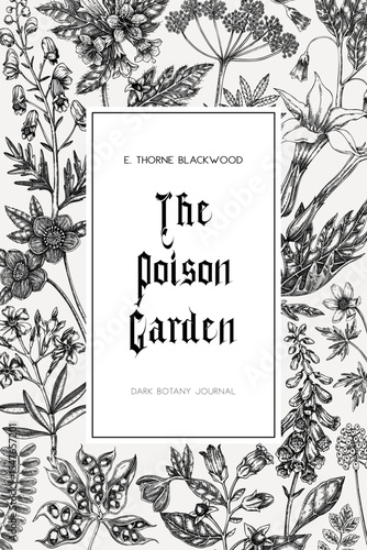 Sketch style witchcraft book cover design. Witch herbs background. Vintage apothecary card template. Poisonous plants hand drawn illustration in sketch style. NOT AI generated