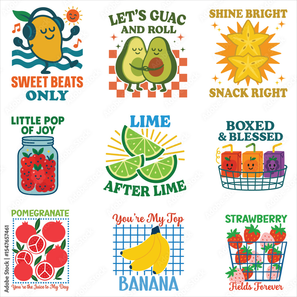 Fototapeta premium Collection of summer fruits T-shirt Vector, summer vibes, retro fruits Sayings Shirt, kawaii summer fruit illustration 