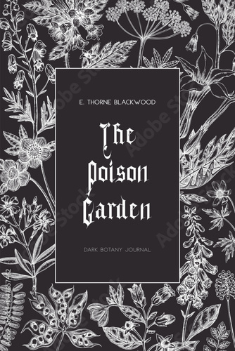 Sketch style witchcraft book cover design. Witch herbs background. Vintage apothecary card template. Poisonous plants hand drawn illustration in sketch style. NOT AI generated