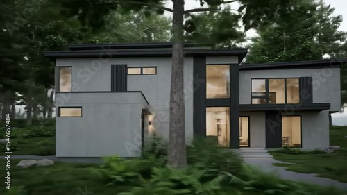 Wallpaper Mural Modern Architectural Design of a Two-Story House Surrounded by Lush Greenery in a Forested Area with Large Windows and Unique Structural Features Torontodigital.ca