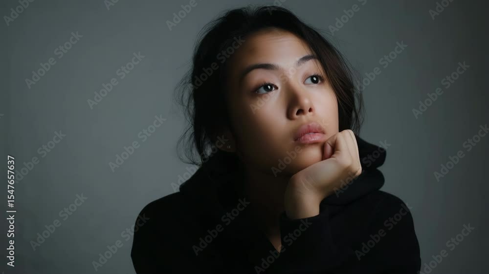 A woman with dark hair and a black hoodie is looking down. She is deep in thought A woman with dark hair and a black hoodie is looking down. She is deep in thought