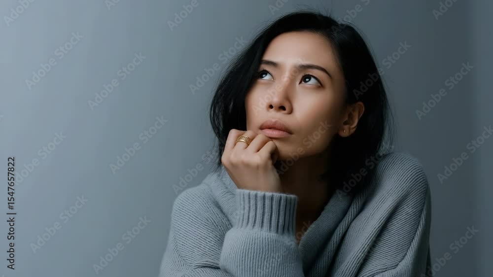 A woman is sitting with her hands on her knees and looking down. She is wearing a gray sweater and a ring on her finger A woman is sitting with her hands on her knees and looking down. She is wearing a gray sweater and a ring on her finger