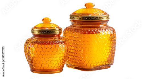 Two glass jars with gold lids and a honeycomb pattern
