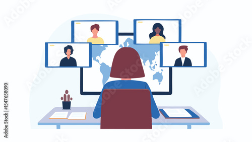 Person attending a virtual meeting with several participants displayed on multiple screens with world map