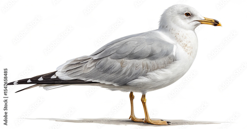 Naklejka premium Detailed illustration of a ring-billed gull standing, profile view, white background