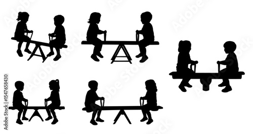 Kids playing seesaw silhouette, Little boy and girl swinging seesaw, happy, kids 