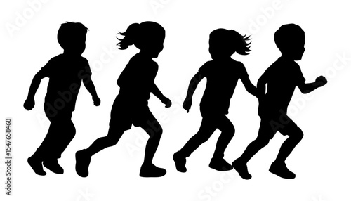 Kids running silhouettes, children in silhouette running side by side, children playing and activity