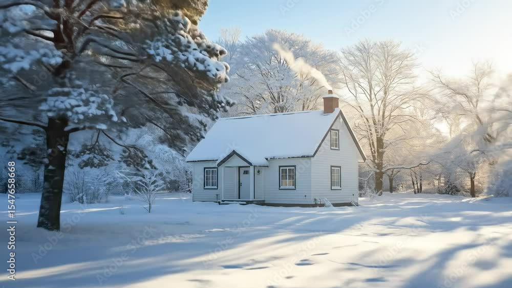 A serene winter landscape featuring a charming white cottage surrounded by snow-covered trees and a bright blue sky, evoking peace and tranquility in a frozen wonderland. A serene winter landscape featuring a charming white cottage surrounded by snow-covered trees and a bright blue sky, evoking peace and tranquility in a frozen wonderland.