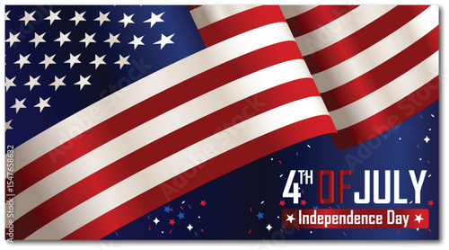 Independence Day USA banner, flyer, greeting card, the 4th of July, waving American flags, a rich blue background, with stars, sparkles, and patriotic elements. Vector illustration style postcard 
