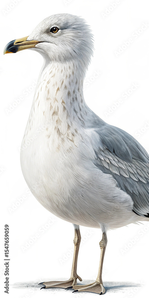 Obraz premium Close-up profile of a ring-billed gull, standing, white and gray plumage, isolated on white background