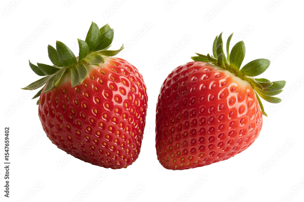Two fresh strawberries isolated on white background show their vibrant red color Two fresh strawberries isolated on white background show their vibrant red color