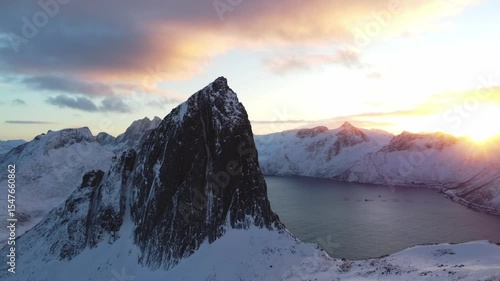 Breathtaking sunset view from Mount Segla on the Senja Peninsula in Northern Norway. A winter scene during the polar night