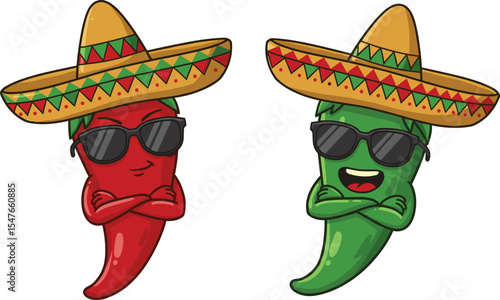 Funny red and green chili cartoon characters with sombrero hats and sunglasses, spicy Mexican peppers illustration, cool vegetable mascots, fiesta theme