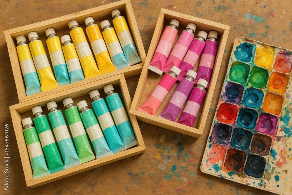 Colorful art supplies with paint tubes and palette on wooden surface for creative projects Colorful art supplies with paint tubes and palette on wooden surface for creative projects