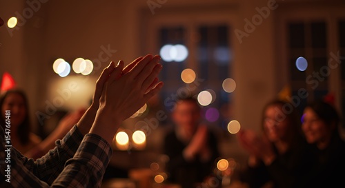 People Claping Hands at a Party in Warm Cozy Indoor Light