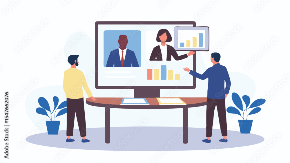 Two people watching a presentation on a large screen with charts and a video conference displayed on it Two people watching a presentation on a large screen with charts and a video conference displayed on it