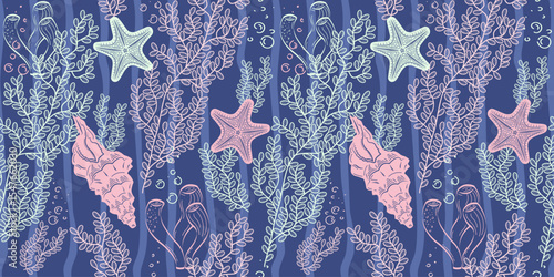 Seamless marine pattern. Shells, algae, starfish, vertical waves, dark background. Suitable for covers, backgrounds, packaging, textiles.